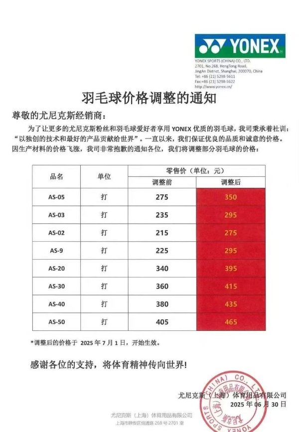 玖联优配 尤尼克斯羽毛球确认涨价：涨幅最高超30% 门店零售价已调整